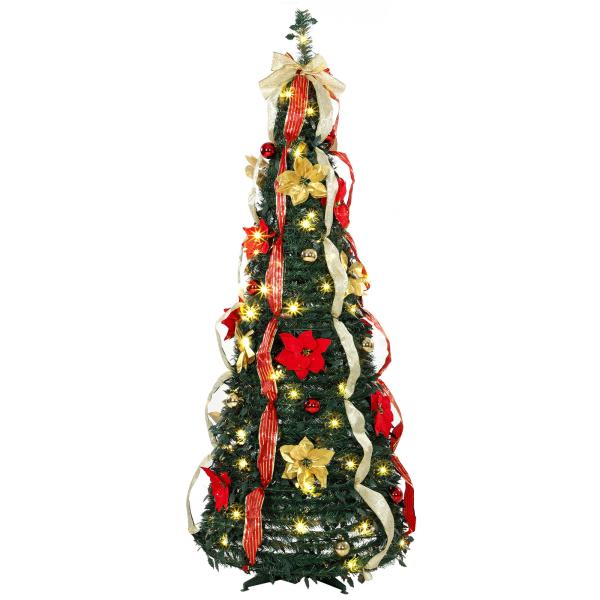 Árvore de Natal Desdobrável 180 cm com 100 Luzes LED, 11 Modos, Comando à Distância e Decoração Incluída, Verde