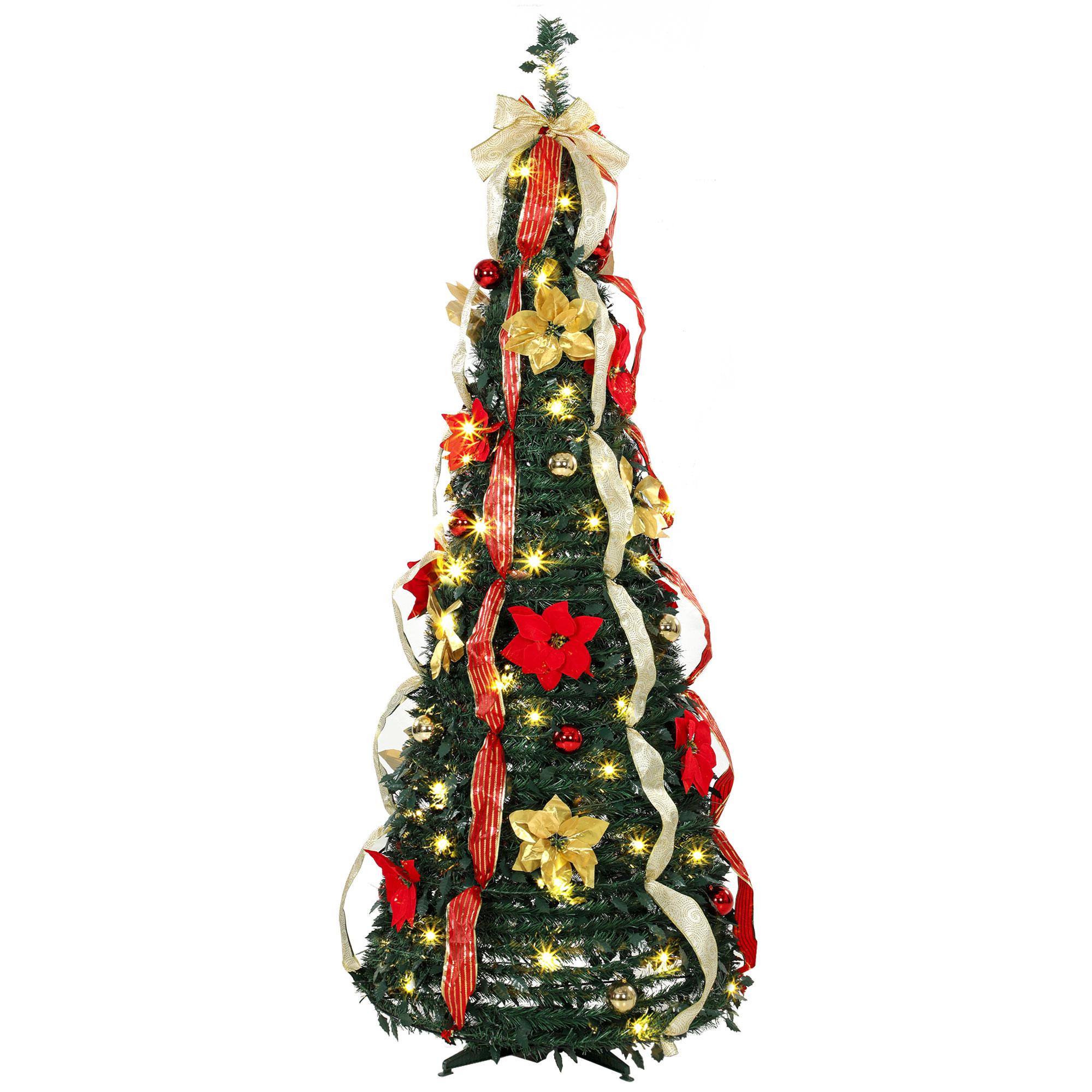 Árvore de Natal Desdobrável 180 cm com 100 Luzes LED, 11 Modos, Comando à Distância e Decoração Incluída, Verde