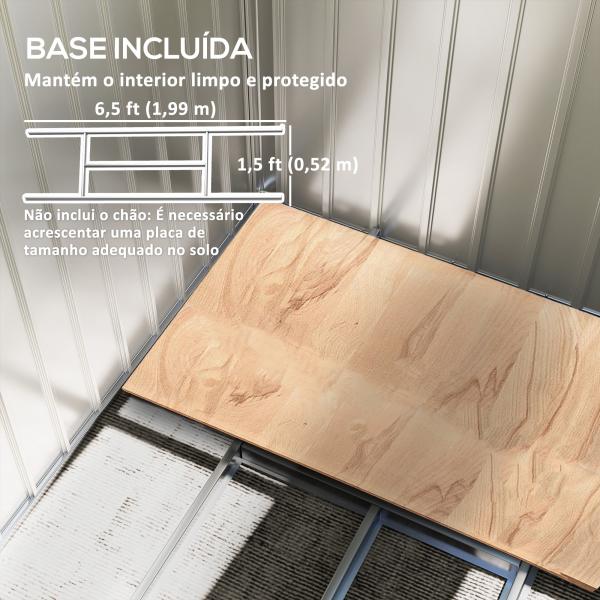 Abrigo de Jardim 2,42 m 213x130x185 cm Abrigo de Jardim Metálico para Armazenamento com 2 Portas Deslizantes e 4 Janelas Cinza Claro