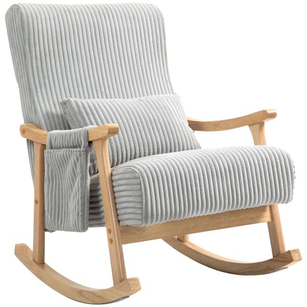 Poltrona Baloiço Moderna em Veludo Cotelê com Apoio para os Braços Almofada Lombar e Bolso Poltrona de Amamentação 65x90x98 cm Cinza