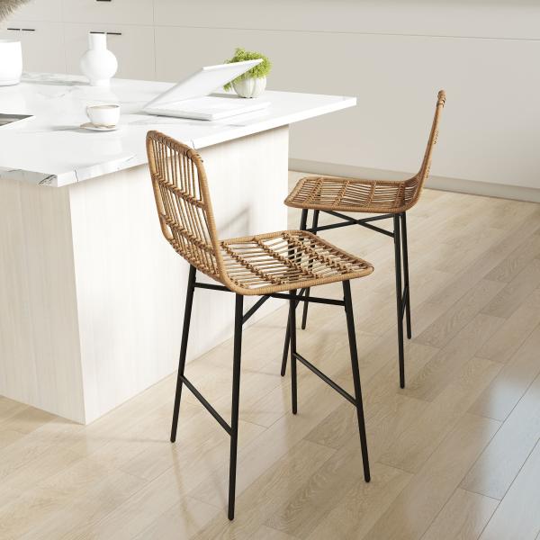 Conjunto de 2 Bancos Altos de Cozinha Bancos de Bar com Encosto e Assento em Vime Sintético 43x56x101 cm Marrom Claro