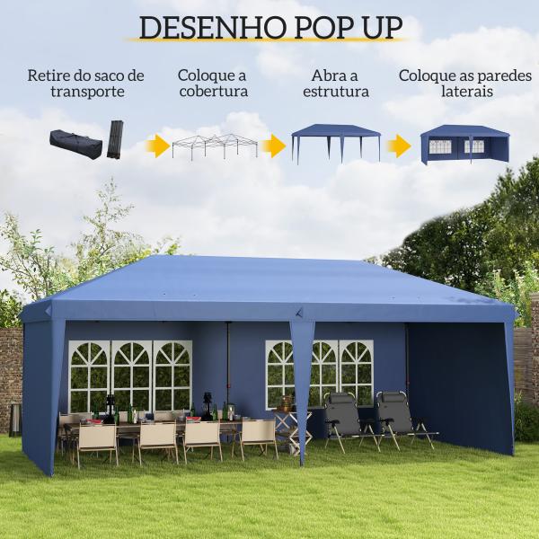 Tenda Dobrável 6x3 m Pop - up com 4 Laterais Desmontáveis Tenda de Jardim com 2 Janelas Visíveis Saco de Transporte Azul