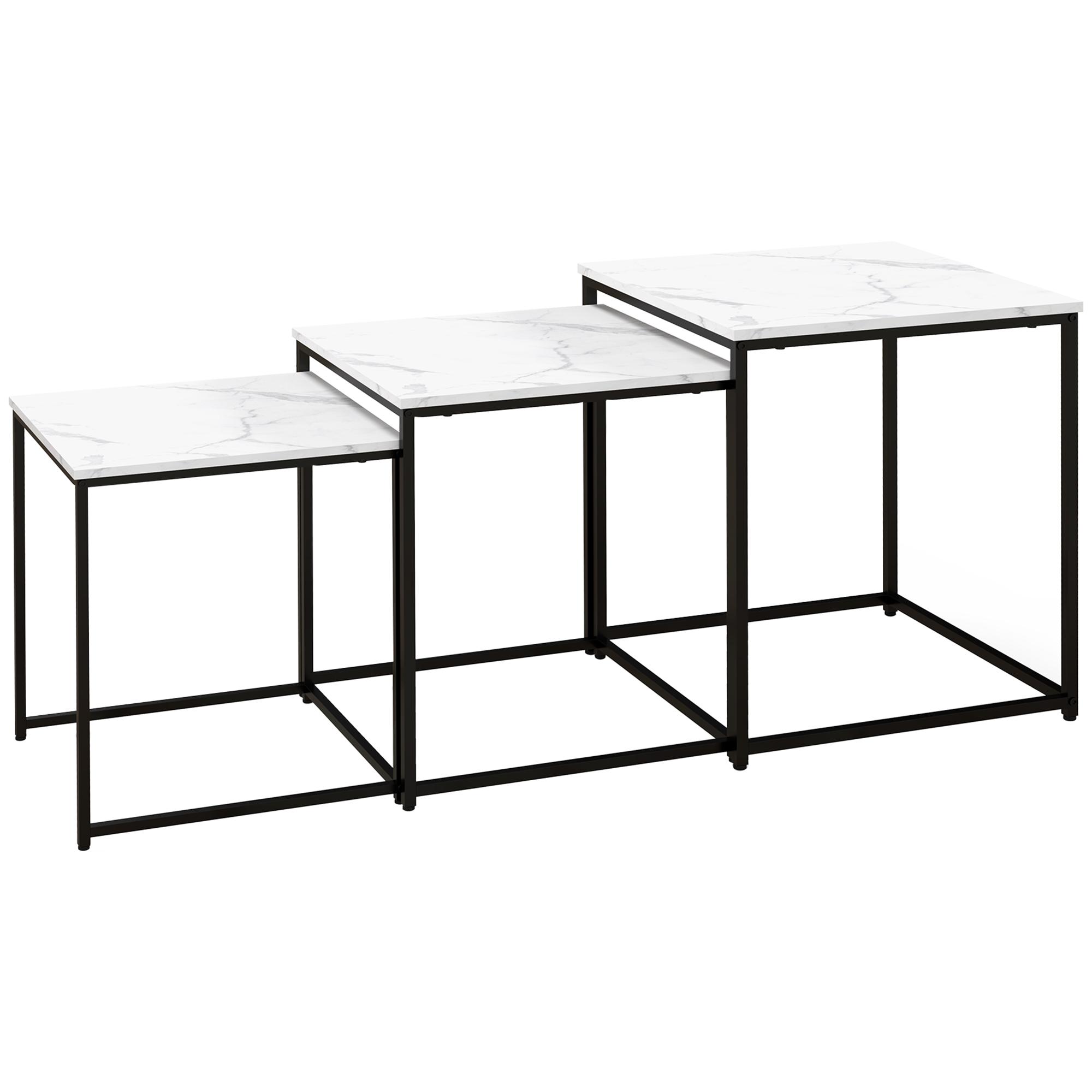 Conjunto de 3 Mesas Auxiliares para Sala de Estar com Efeito Mármore e Estrutura de Aço Estilo Moderno Branco e Preto