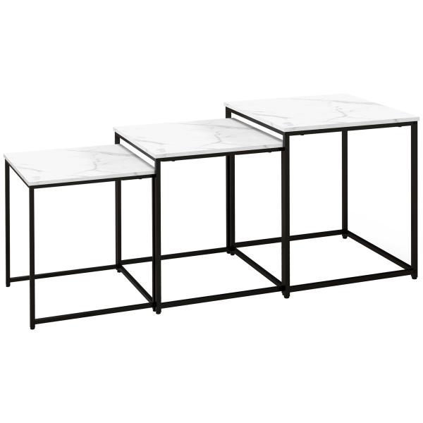 Conjunto de 3 Mesas Auxiliares para Sala de Estar com Efeito Mármore e Estrutura de Aço Estilo Moderno Branco e Preto