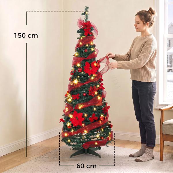 Árvore de Natal Artificial de 150 cm com 100 Luzes LED, 150 Ramos, 11 Modos, Bolas, Fitas e Base Dobrável, Verde e Vermelho
