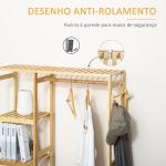Suporte para Cabides de Bambu Cabideiro com Prateleiras de 4 Níveis com Barra Prateleira Inferior e Cabide Lateral 90x30x155cm Madeira