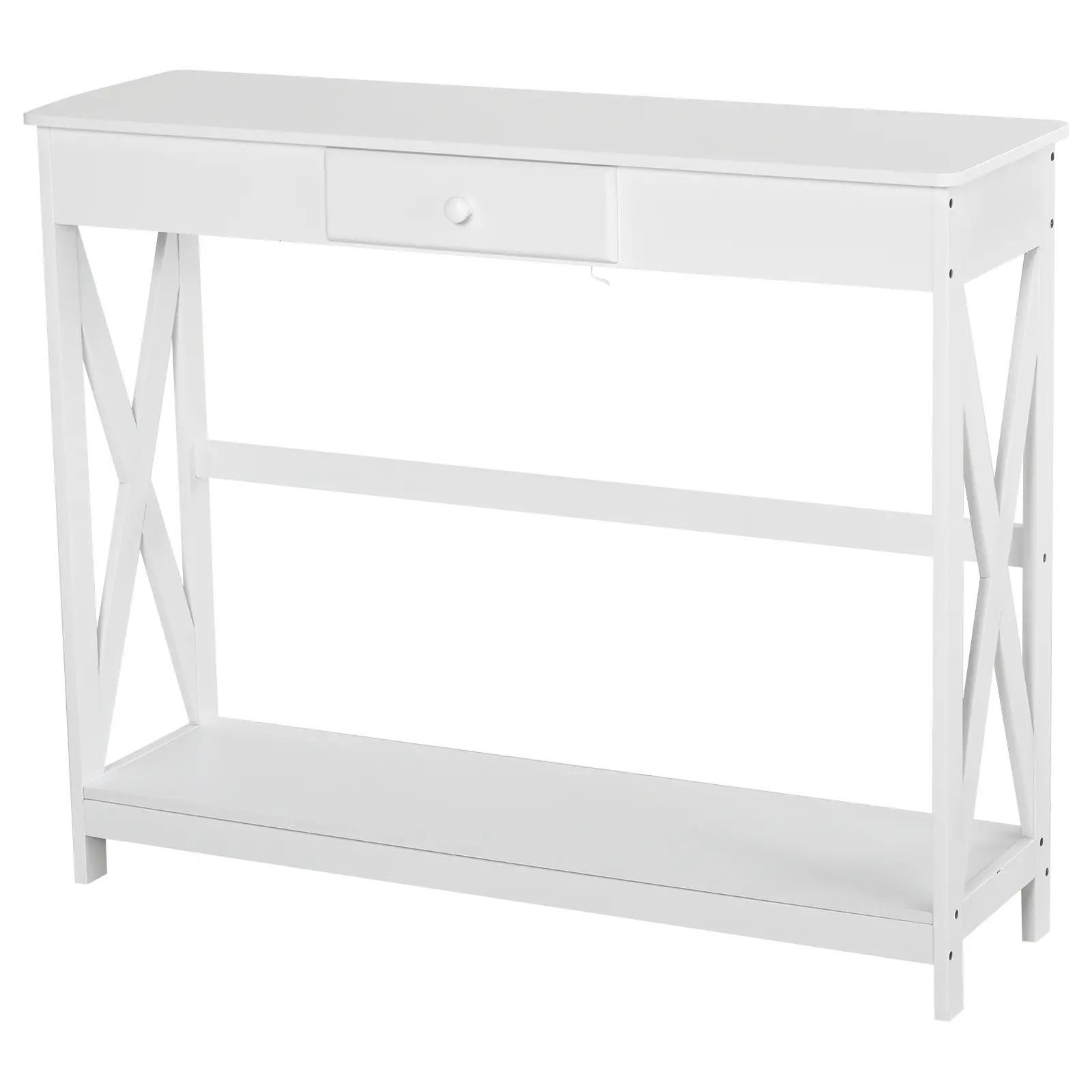 Mesa Consola Clássica com 1 Gaveta e 1 Prateleira de Armazenamento para a Entrada Mesa Auxiliar Sala de Estar Estilo Elegante 100x30x81cm Branco