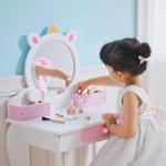 Toucador Infantil com Banco e Espelho Toucador de Maquilhagem com Gaveta Compartimentos Desenho de Unicórnio Branco