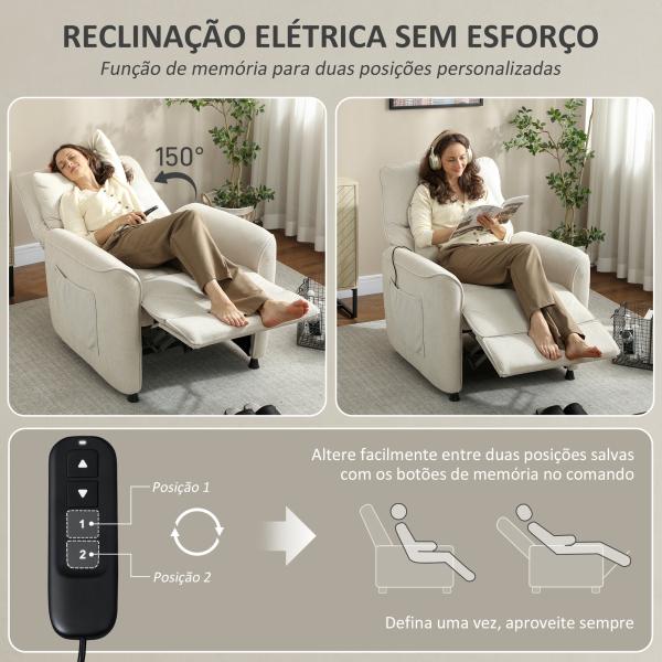 Poltrona Relax com Aquecimento Lombar e Massagem por Vibração Poltrona Reclinável com Função de Memória 88x93x102 cm Creme