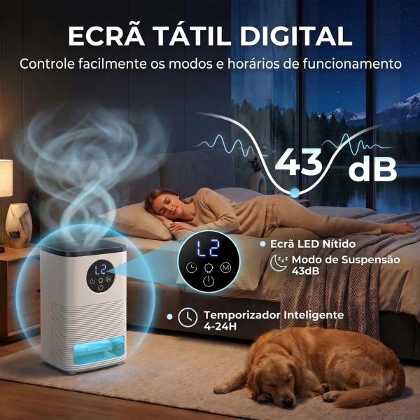 Desumidificador 0,3 L/dia para 15 m², Depósito de 1,4 L, Luz RGB, Temporizador 24 h, Ecrã LED, Branco