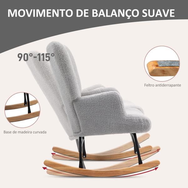 Poltrona Baloiço em Borrego Poltrona para Amamentação com Encosto Capitonê e Base de Madeira 65x88x87 cm Cinza Claro
