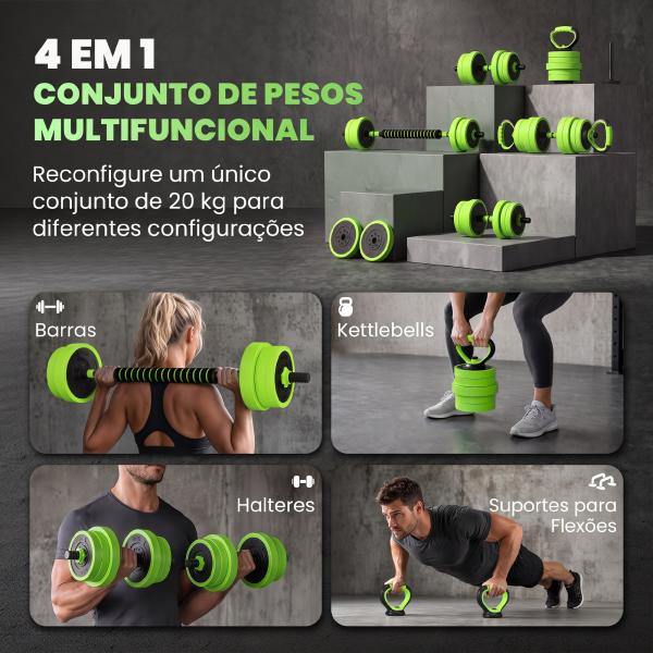 Conjunto de Halteres 20kg 4 em 1 Conjunto de Pesos com Kettlebell Barra de Pesos para Treino de Força em Casa Ginásio Verde
