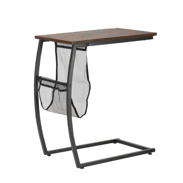 Mesa Auxiliar para Sofá e Cama em Forma de C com Bolso de Armazenamento Mesa Lateral de Estilo Industrial 52x35x64,5cm Marrom Rústico