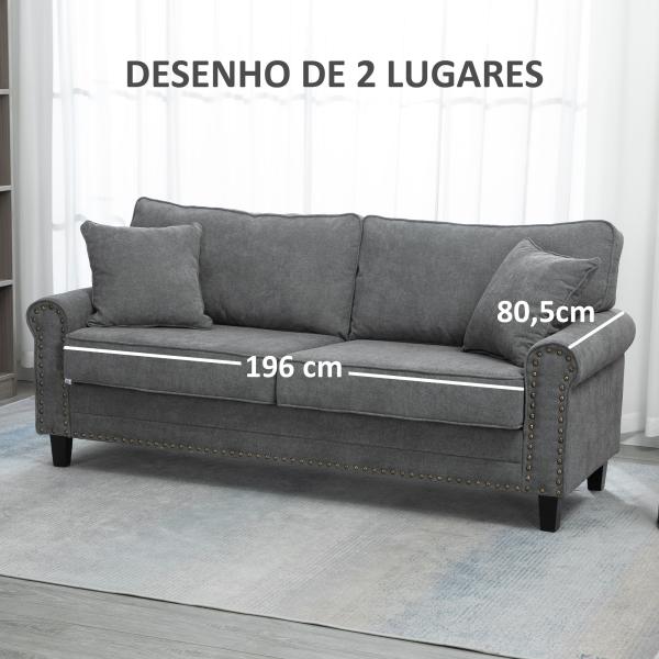 Sofá de 2 Lugares Estofado em Poliéster com 2 Almofadas Pés de Madeira de Borracha 196x80,5x89cm Cinza