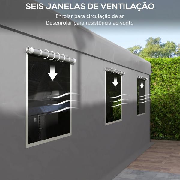 Tenda Garagem 295x600x278 cm Tenda de Exterior Resistente com 2 Portas Enroláveis e 6 Janelas Cinzento