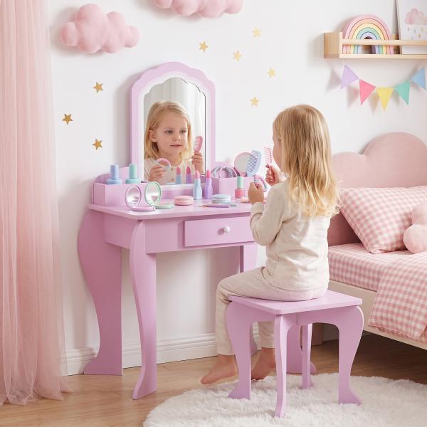 Toucador Infantil para Meninas e Meninos Toucador de Maquilhagem com Banco Espelho Gaveta e Caixas de Arrumação Rosa