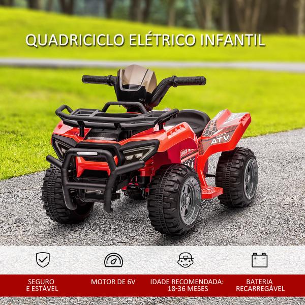 Quadriciclo Elétrico para Crianças Veículo Elétrico a Bateria 6V Infantil com Velocidade 2km/h 70x42x45 cm Vermelho