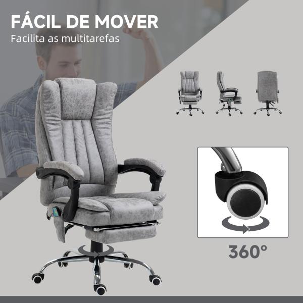 Cadeira de Escritório com 6 Pontos de Massagem Giratória Encosto Reclinável 135º Função de Aquecimento 62x67x113 - 120 cm Cinza