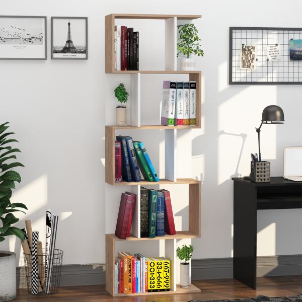 Estante para Livros Estante Alta de Parede com 5 Níveis em Forma de S Desenho Moderno 60x24x184,5cm Branco e Madeira