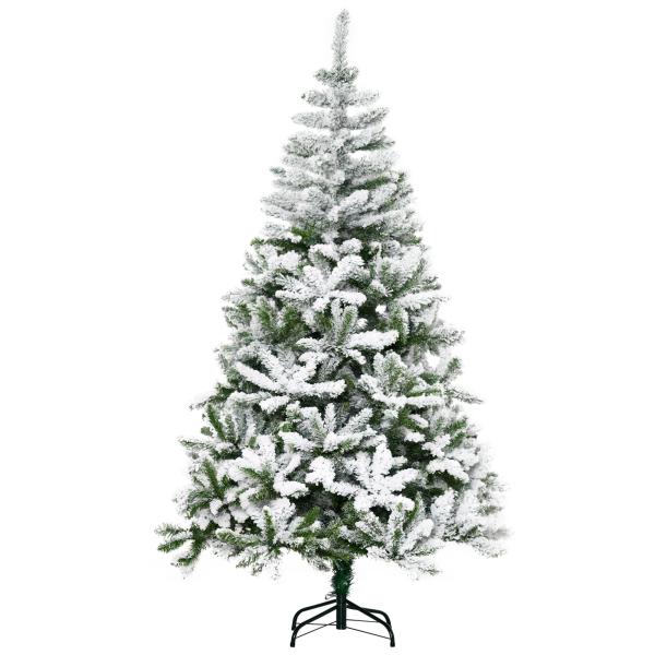 Árvore de Natal Artificial 180cm com Neve Ignífugo com 750 Ramos Folhas de PVC Base Dobrável Verde