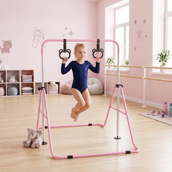 Barra de Ginástica para Crianças com Altura Ajustável em 5 Níveis Anéis e Dobrável 148x105x88 - 128 cm Rosa