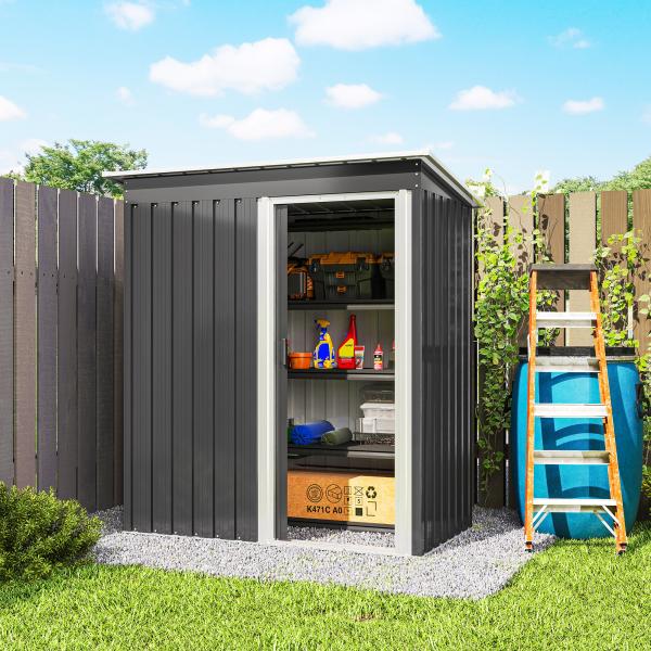 Abrigo de Jardim Exterior 1,5 m² 163x89x182 cm Abrigo Metálico para Ferramentas com Porta de Correr e Teto Inclinado Preto