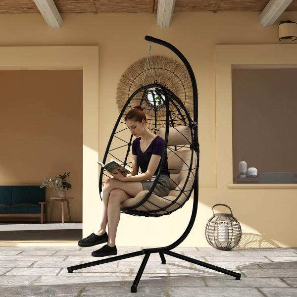 Cadeira Suspensa com Suporte Baloiço Jardim com Cesto Dobrável Almofada e Apoio de Cabeça 98x95x198 cm Caqui