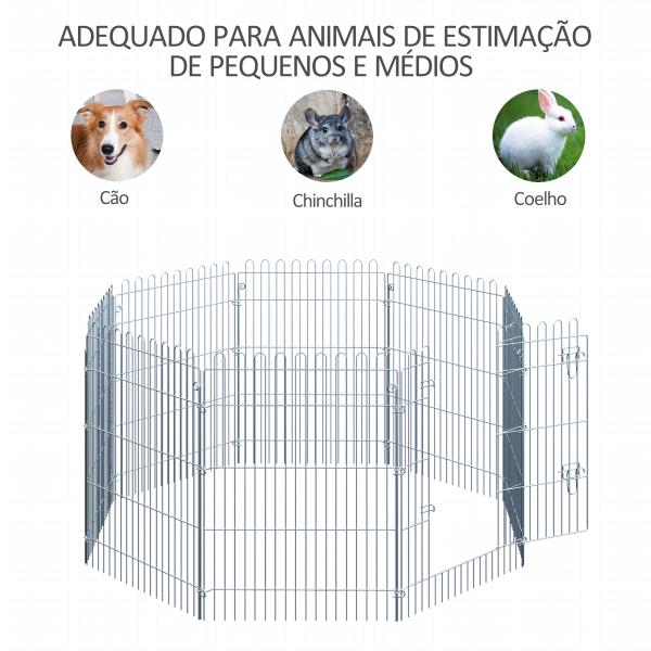 Parque para Animais de Estimação com 8 Paineis 63x91cm Cerca para Animais de Estimação com Porta com Trava para Jardim Pátio Exterior Prata