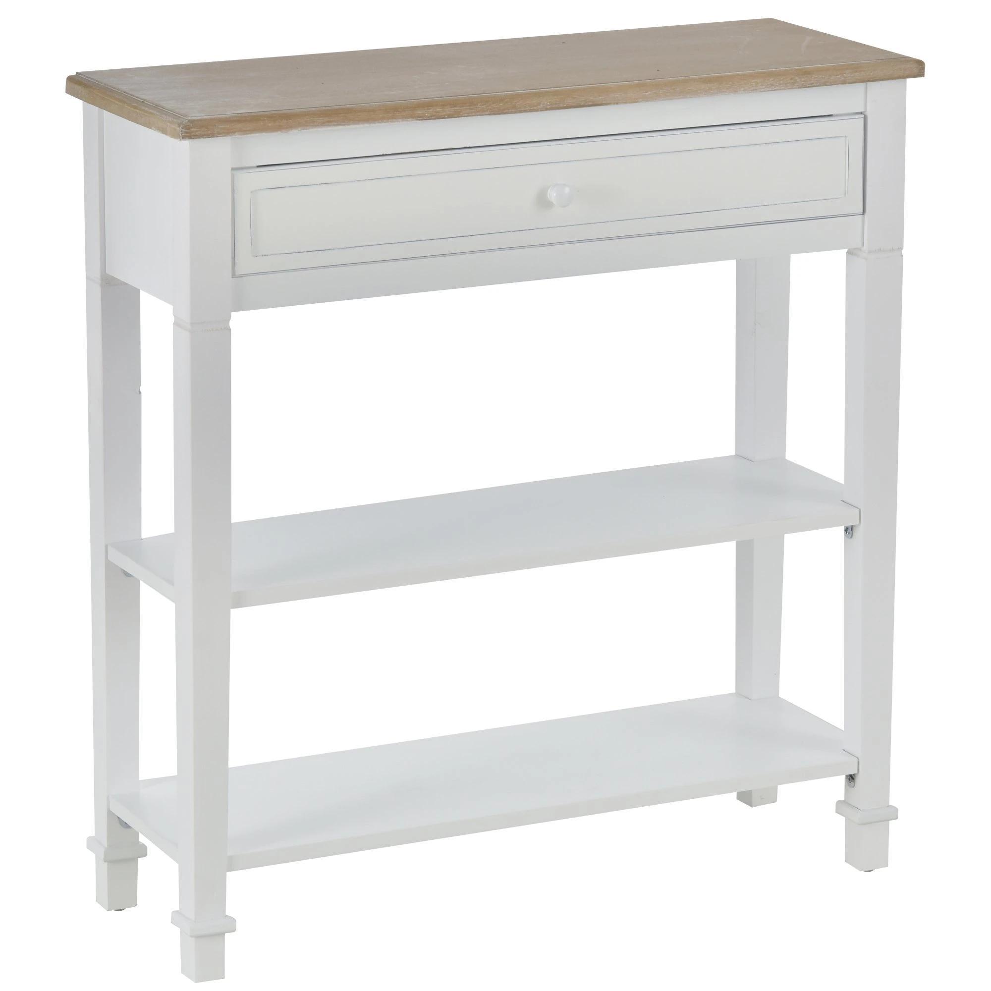 Mesa Consola Multifuncional Mesa Auxiliar para Sala de Estar Corredor Sala de Jantar com 2 Prateleiras 1 Gaveta Removível Puxador Estilo Retro Pinho 75,6x27,5x80,5 cm Madeira Natural e Branco