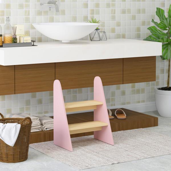 Banco para Crianças de 2 Degraus Torre de Aprendizagem Escada para Crianças acima de 3 Anos para Casa de Banho Cozinha 43x30x55 cm Rosa
