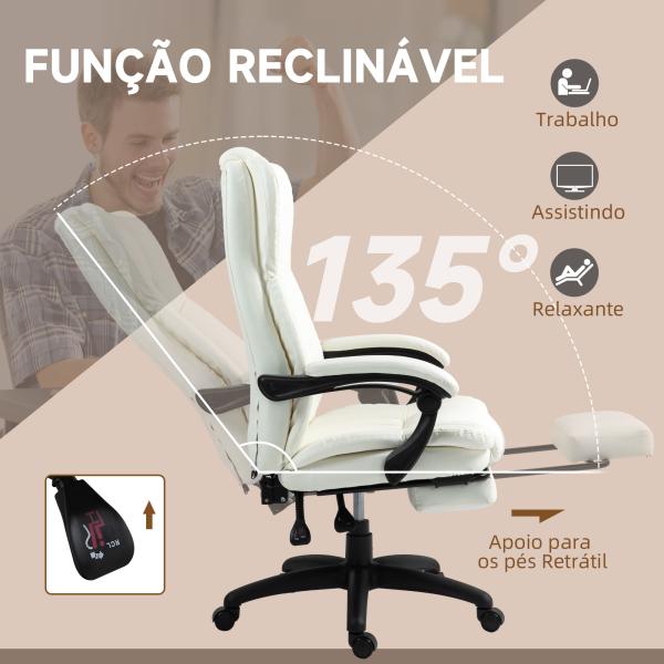 Cadeira de Escritório com Altura Ajustável 6 Pontos de Massagem e Apoio para os Pés Retrátil 68,5x68,5x113 - 121 cm Creme