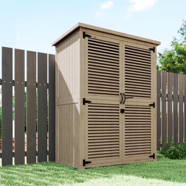 Armário de Jardim de Madeira 0,83 m² 127x65x168 cm com 2 Portas de Persiana 2 Prateleiras 2 Alças e Telhado Impermeável Natural