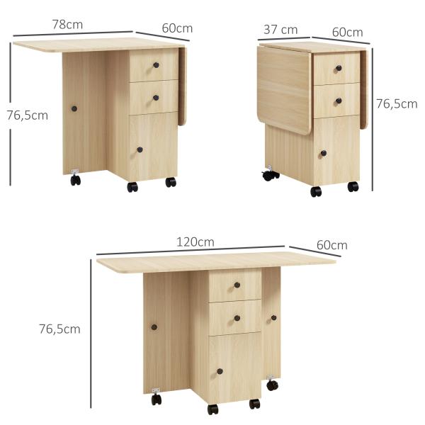 Mesa de Jantar Dobrável com Rodas Mesa Abatível com 2 Gavetas e Armário Mesa Auxiliar Multifuncional 120x60x76,5 cm Madeira