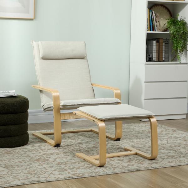 Poltrona com Otomano Poltrona de Leitura com Pernas de Madeira e Estofado em Linho 67x78x92 cm Creme