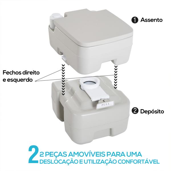 Sanita Portátil Sanita de 20L com Tampa para Campismo Viagem Barco Capacidade Máxima 147 kg 41,5x36,5x42 cm Cinza Claro