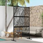 Biombo de 3 Painéis 122x198 cm Biombo Separador de Ambientes com Suporte Design de Folhas Grandes Preto