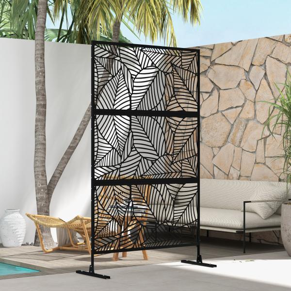 Biombo de 3 Painéis 122x198 cm Biombo Separador de Ambientes com Suporte Design de Folhas Grandes Preto