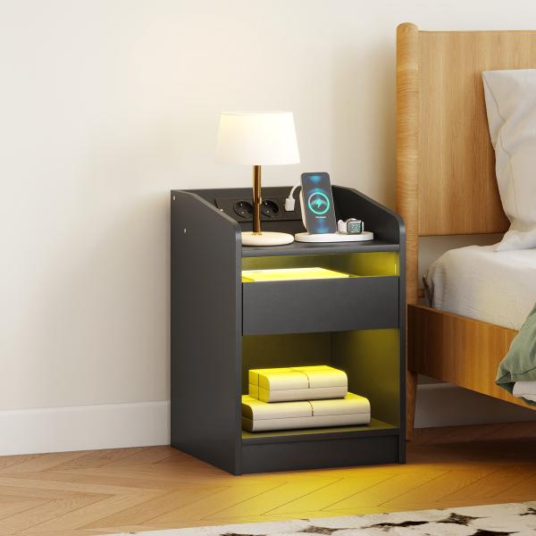 Mesa de Cabeceira com Luzes LED Gaveta Prateleira Estação de Carregamento Entrada USB e Controlo Remoto 40x40x58 cm Branco