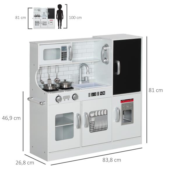 Cozinha de Brincar para Crianças Cozinha Infantil de Madeira com Acessórios Máquina de Gelo e Ardósia 83,8x26,8x81 cm Branco