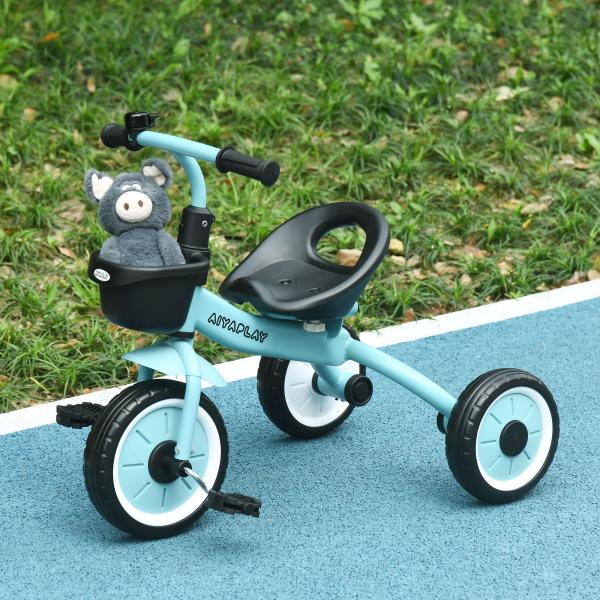 Triciclo para Crianças de 2 a 5 anos com Assento Ajustável Cesta Buzina e Pedais e 3 Rodas 70,5x53x58 cm Azul