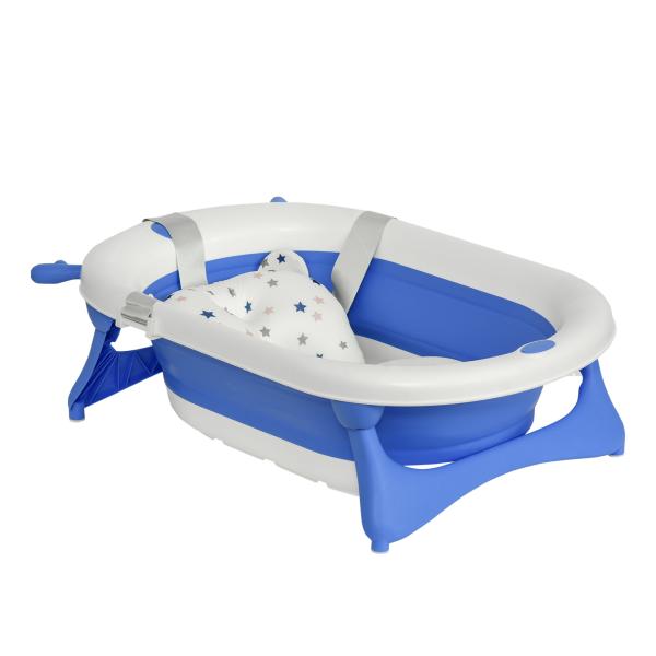 Banheira para Bebé Recém Nascido até 3 Anos Dobrável 30 Litros com Tampa Termossensível e Almofada Confortável Almofadas Antiderrapantes 81,5x50,5x23,5cm Azul e Branco