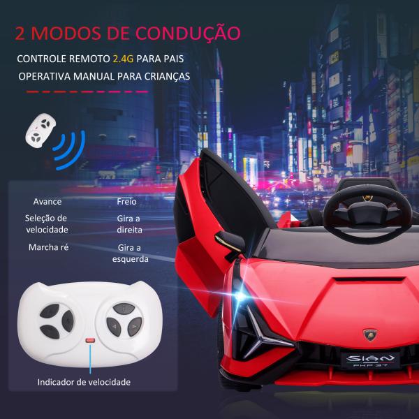 Carro Elétrico Lamborghini SIAN 12V para Crianças de 3 - 5 anos com Controle Remoto Abertura da Porta Música MP3 USB e Faróis 108x62x40cm Vermelho