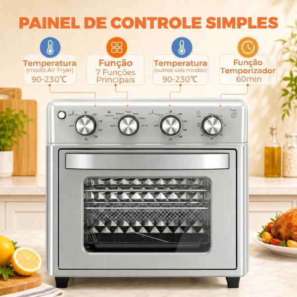 Forno Elétrico de Bancada 30 L 1600 W com Air Fryer, 7 Funções e Temporizador, 43x39x39 cm, Prateado