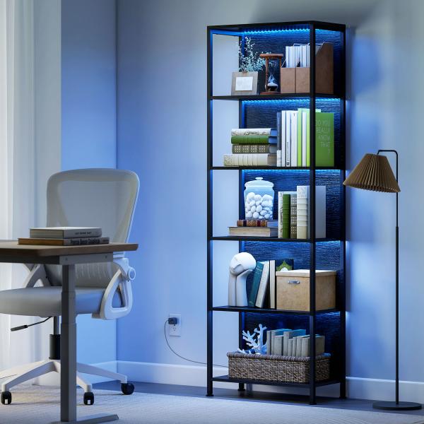 Estante de 5 Níveis com Luzes LED de 7 Cores Estante para Livros Estante de Estilo Industrial 60x30x179 cm Preto