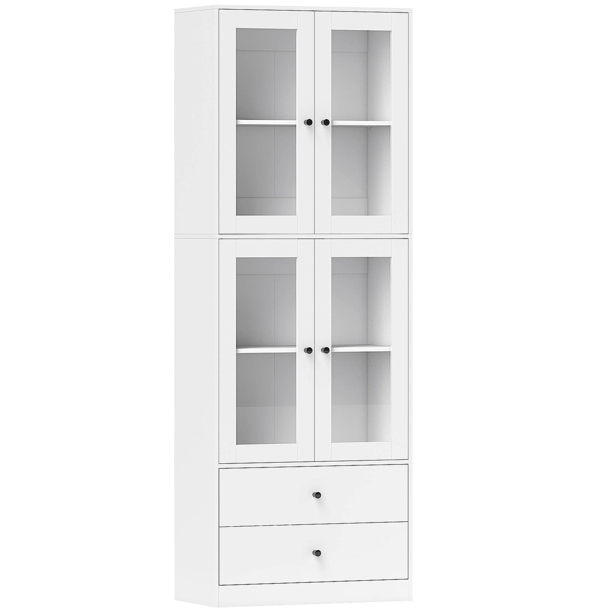 Armário de Cozinha Alto Móvel Auxiliar de Cozinha com 4 Portas de Vidro 2 Gavetas Prateleiras Ajustáveis 59x30x170 cm, Branco