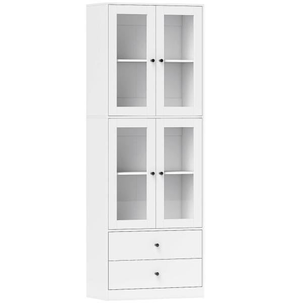 Armário de Cozinha Alto Móvel Auxiliar de Cozinha com 4 Portas de Vidro 2 Gavetas Prateleiras Ajustáveis 59x30x170 cm, Branco