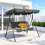 Baloiço de Jardim de 3 Lugares com Almofada Toldo Ajustável e Estrutura de Aço para Balcão Terraço 172x110x153 cm Preto