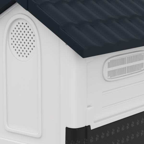 Casa para Cães Mini de Exterior em Plástico com 3 Janelas Base Elevada Telhado Inclinado 64,5x57x66 cm Cinzento Escuro