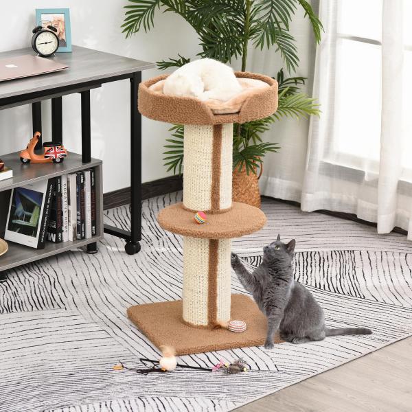 Arranhador para Gatos Altura 91 cm de 3 Níveis com Ninho Plataforma e Poste de Sisal 45x45x91 cm Marrom Claro
