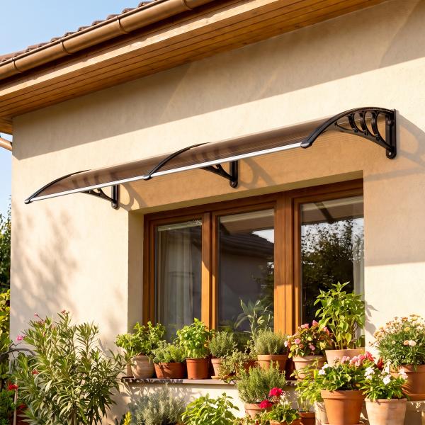 Marquise para Portas e Janelas 195x75 cm Marquise com Proteção para Sol e Chuva com Painéis de Policarbonato Marrom